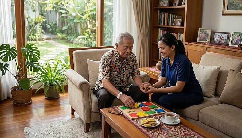 Senior caregiver assisting an older adult with dementia in a calm and comfortable environment