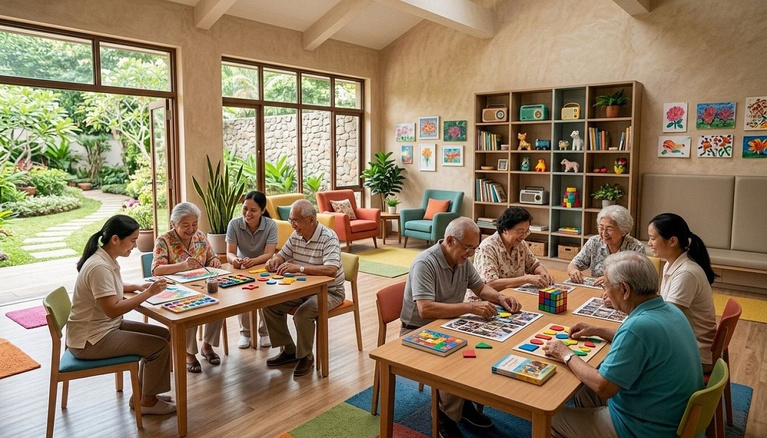 Peserta Dementia Day Program sedang menikmati aktivitas stimulasi kelompok di ruang kegiatan yang nyaman