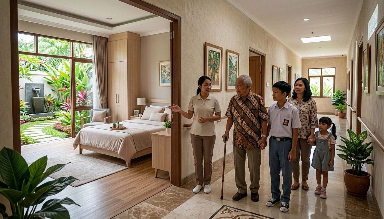 Lansia dan keluarga berkeliling meninjau fasilitas kamar tidur dan taman asri di hunian senior khusus demensia
