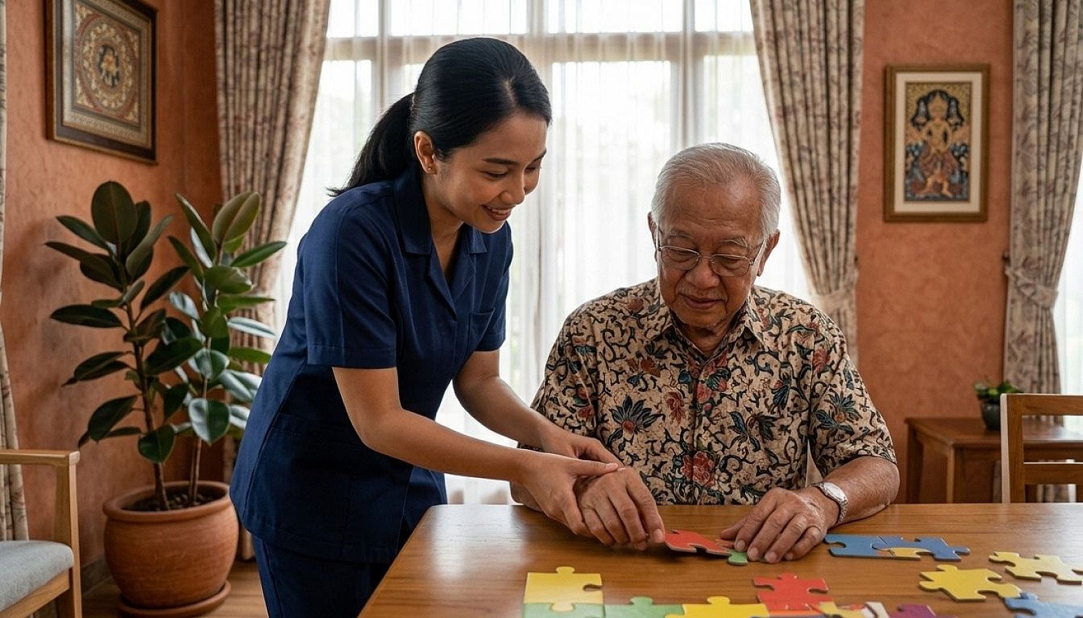 Caregiver bersertifikat sedang mendampingi lansia dengan penuh kesabaran dan keahlian profesional