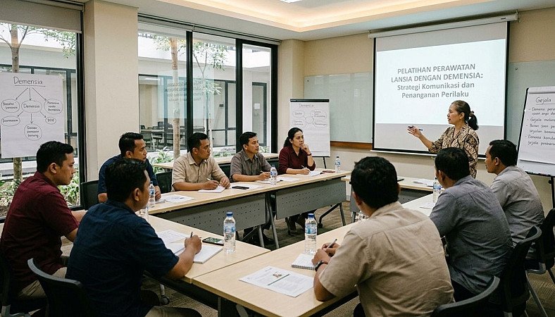 Continuous professional development workshop session for senior caregiving staff specializing in dementia care