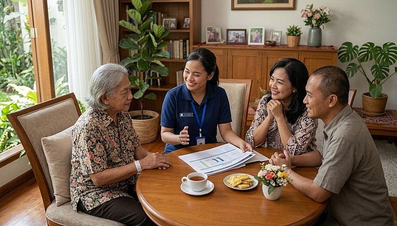 Warm discussion between family members and professional caregiver regarding senior Alzheimer care