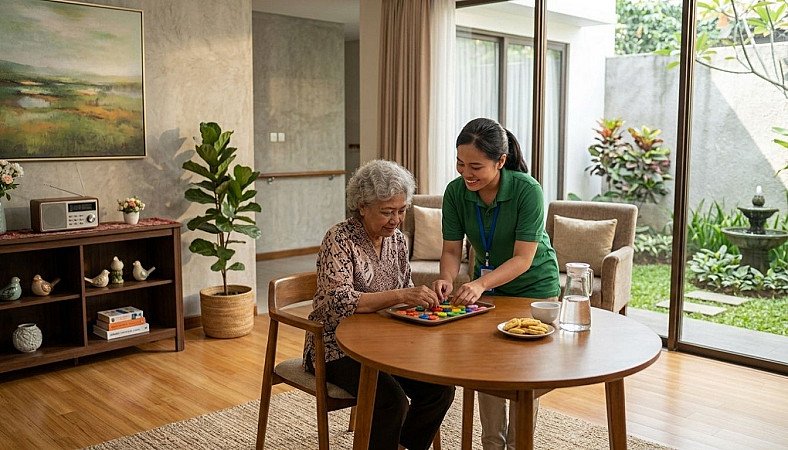 Trained caregiver assisting an elderly resident with dementia during daily activities in a safe living environment