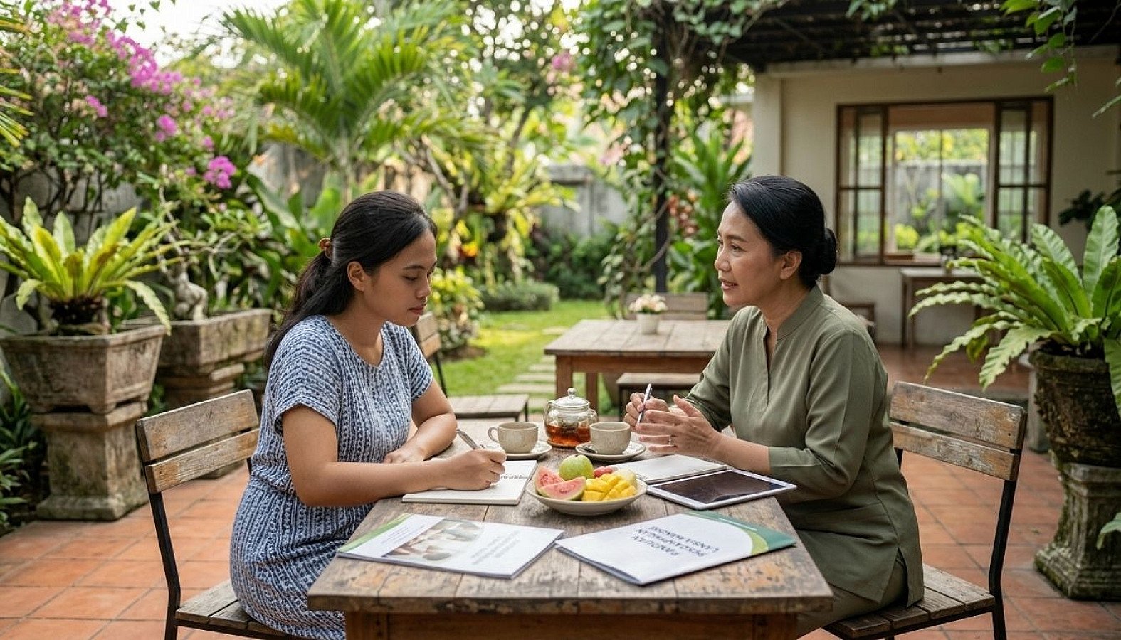Caregiver keluarga beristirahat sejenak sambil berdiskusi dengan konsultan pendamping lansia profesional