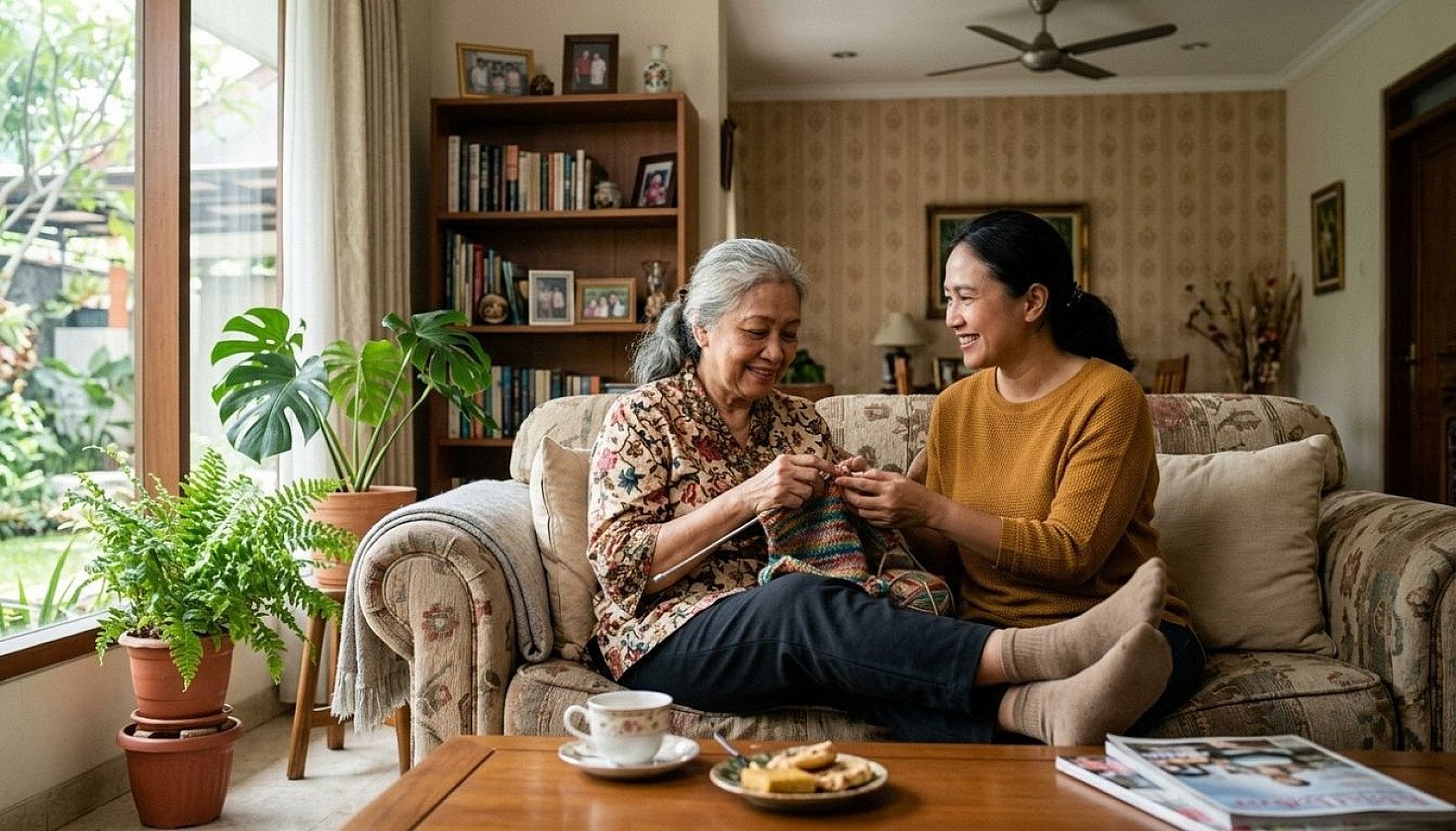 Seorang anak dewasa mendampingi ibunya yang lanjut usia dalam aktivitas santai di ruang tamu keluarga