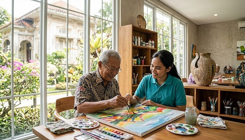 Senior resident with dementia enjoying guided art painting therapy with an instructor in a bright activity studio