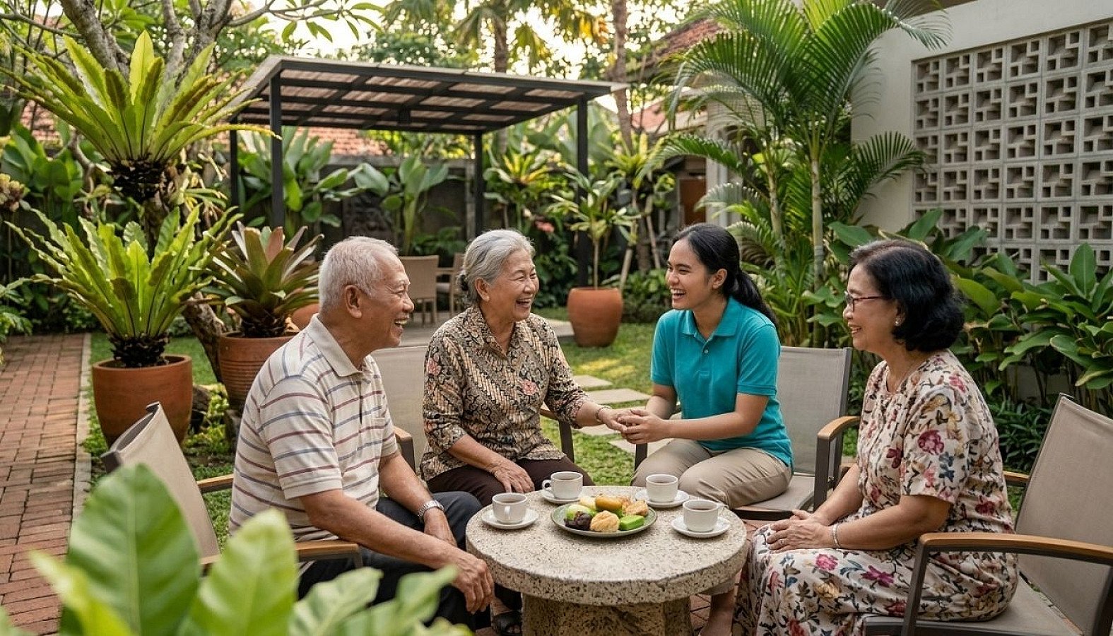 Sekelompok lansia dengan demensia tersenyum bahagia saat menikmati interaksi sosial dan mengobrol bersama caregiver