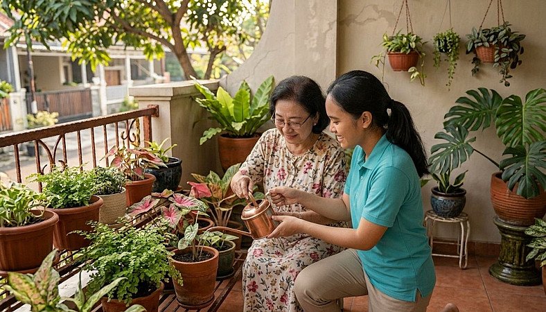Senior resident with dementia enjoying purposeful plant watering activities alongside a caregiver on the veranda